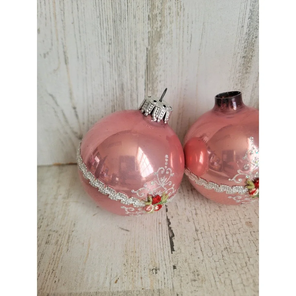 Vintage rose lace pink ball glass ornament Xmas set unique home